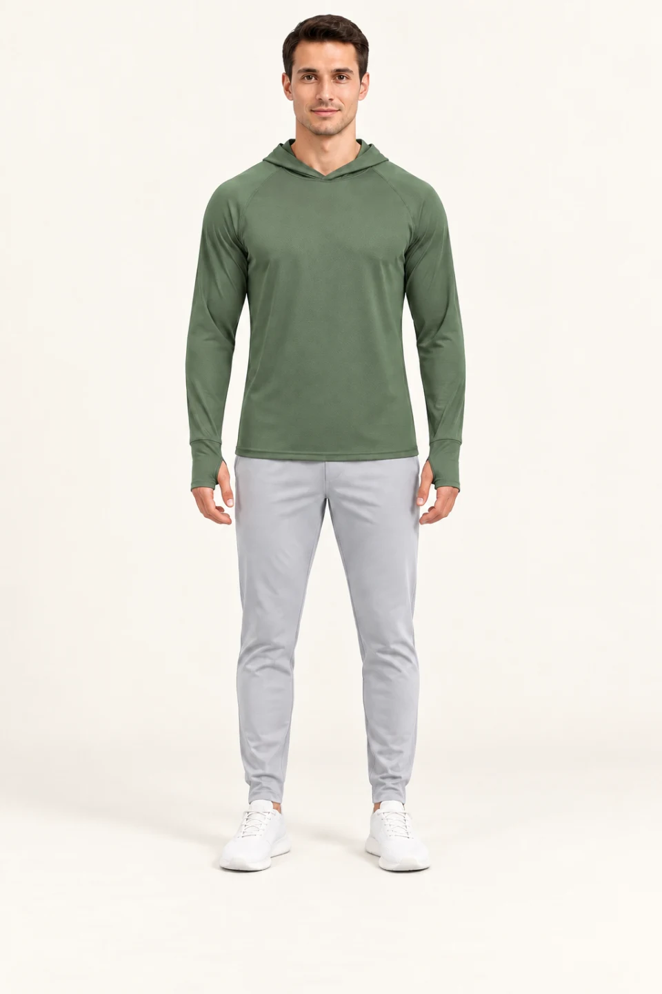 LS-B0107 Thumb-loop hooded training top in Army Green, front AI styling preview