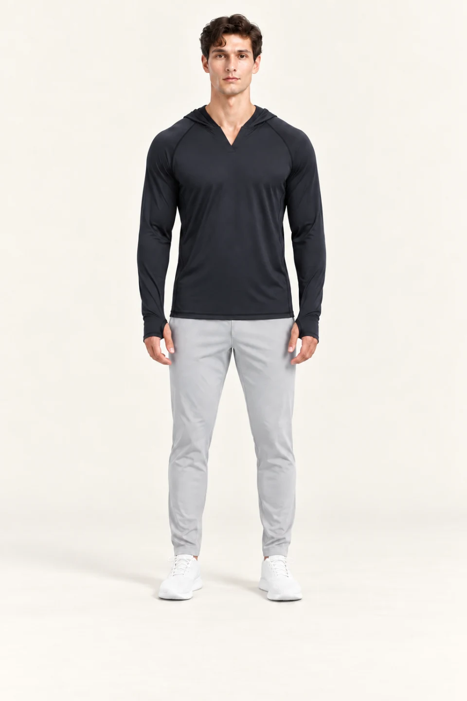 LS-B0109 V-neck hooded training top in Black, front AI styling preview