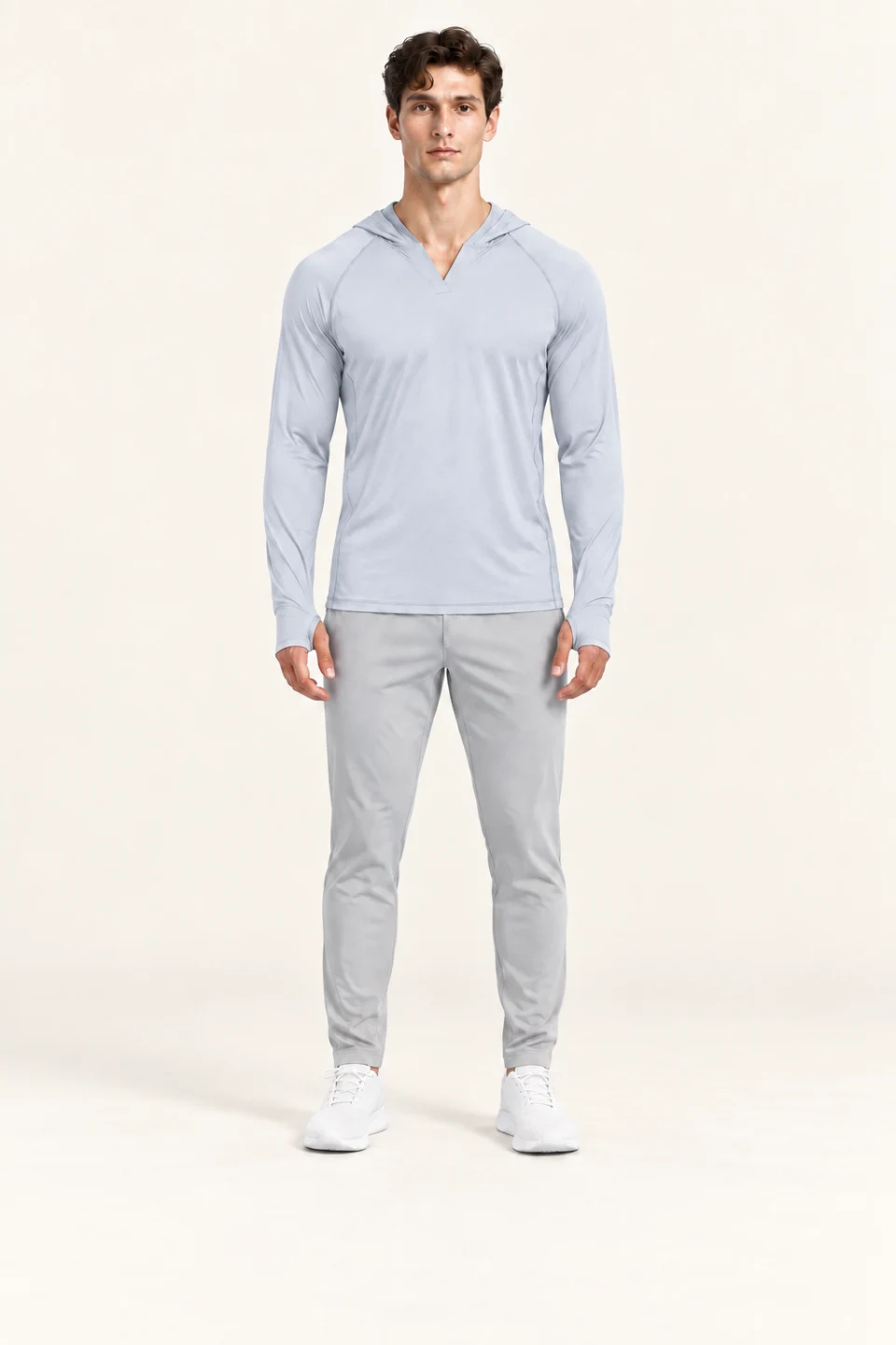LS-B0109 V-neck hooded training top in Grey, front AI styling preview
