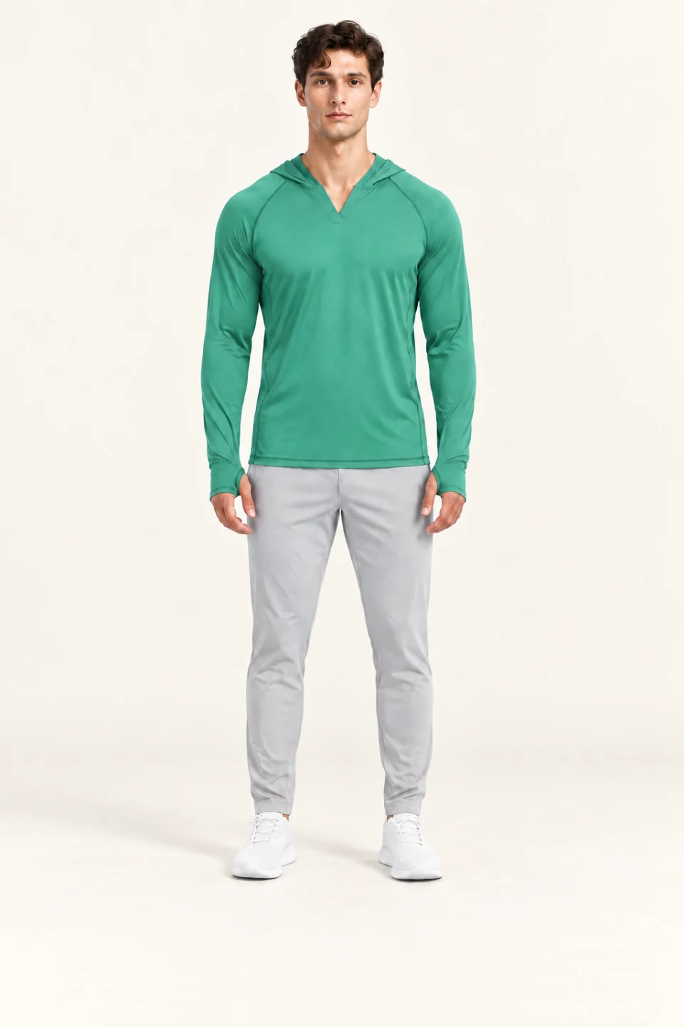 LS-B0109 V-neck hooded training top in Dark Green, front AI styling preview
