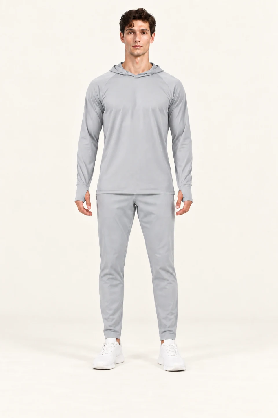LS-B0110 Raglan hooded training pullover in Light Grey, front AI styling preview