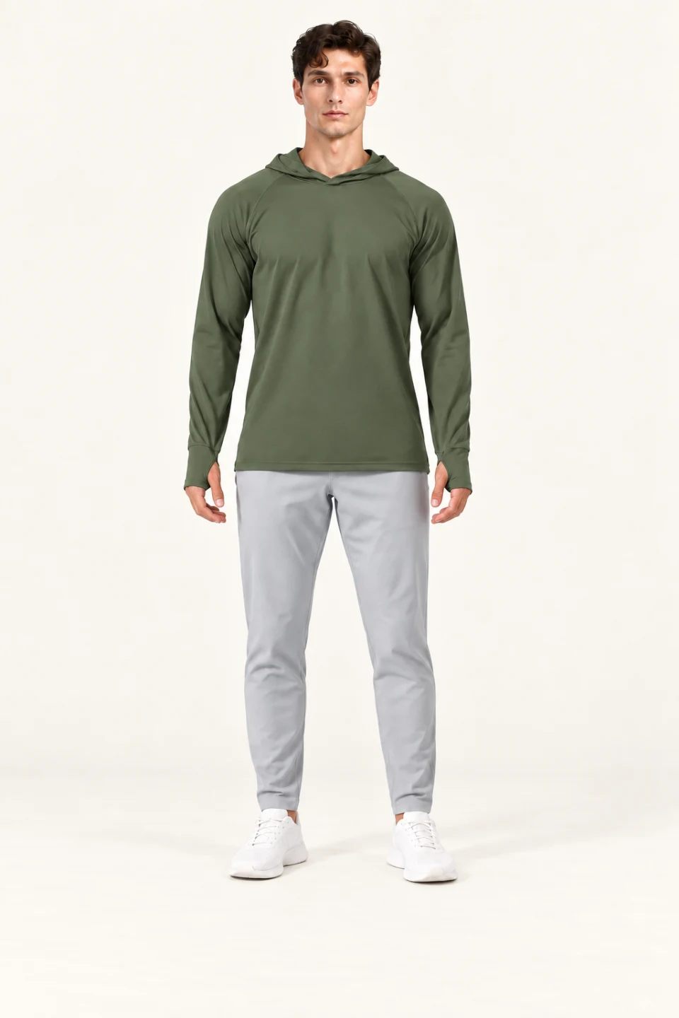 LS-B0110 Raglan hooded training pullover in Army Green, front AI styling preview