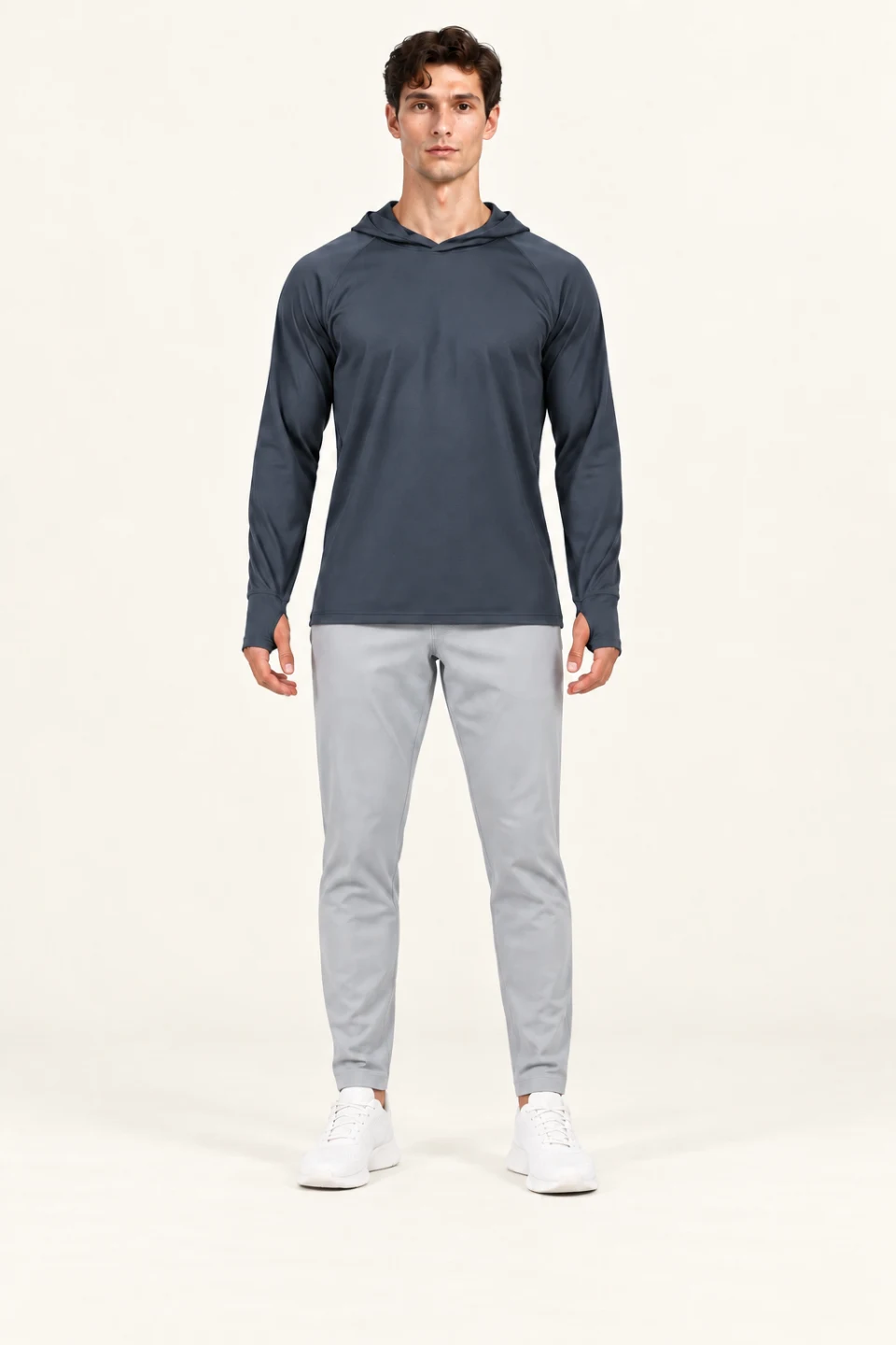 LS-B0110 Raglan hooded training pullover in Dark Grey, front AI styling preview