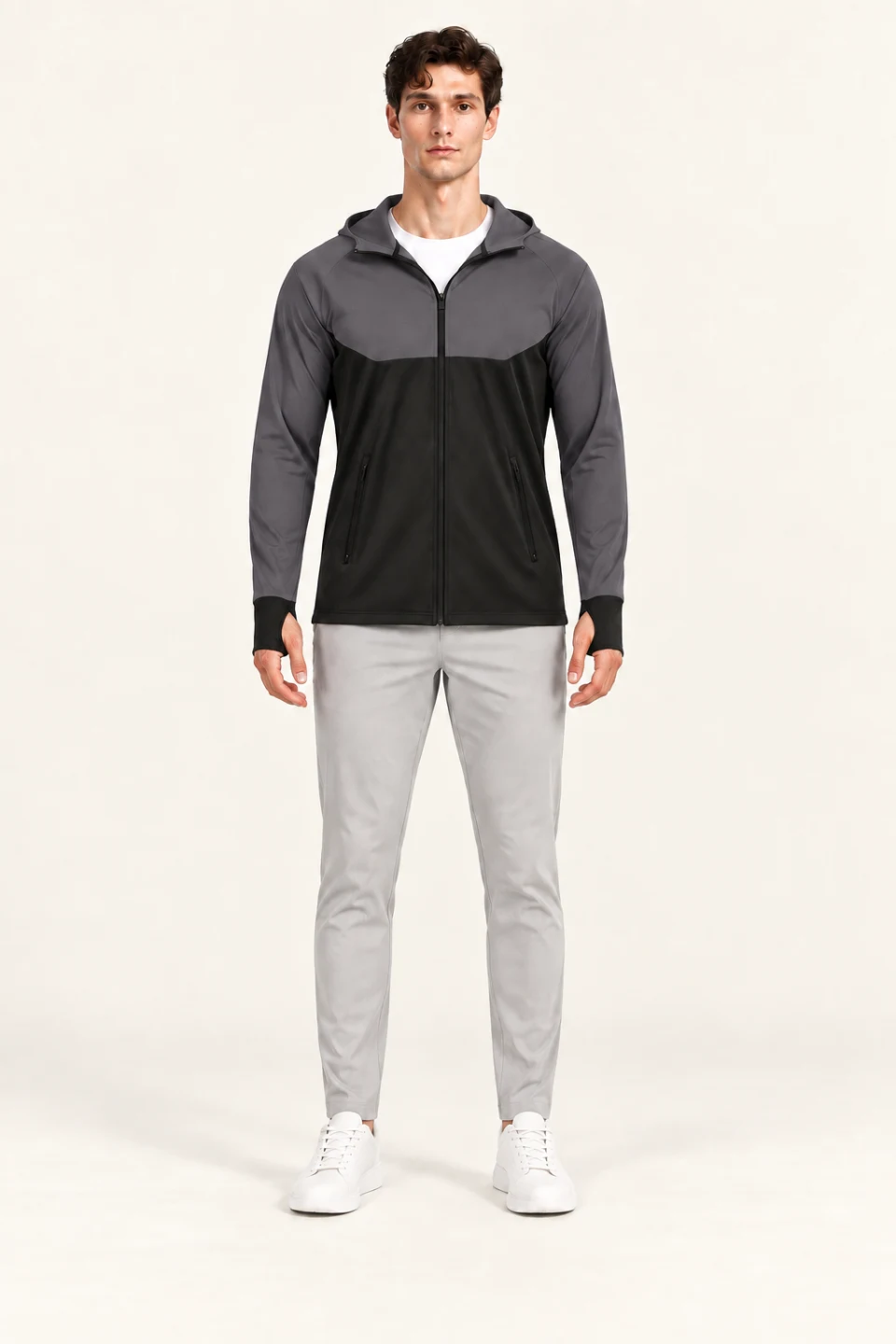 LS-B0111 Color-block zip-front hooded top in Black + Grey, front AI styling preview