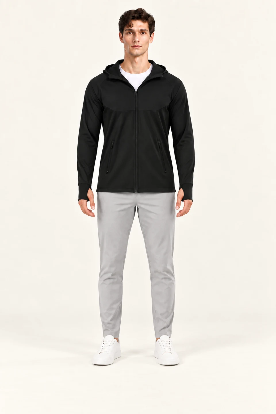 LS-B0111 Color-block zip-front hooded top in Black + Black, front AI styling preview