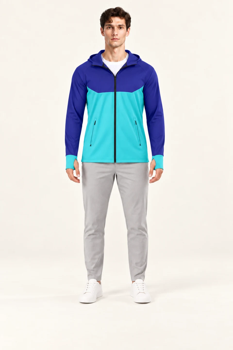 LS-B0111 Color-block zip-front hooded top in Indigo + Lake Blue, front AI styling preview
