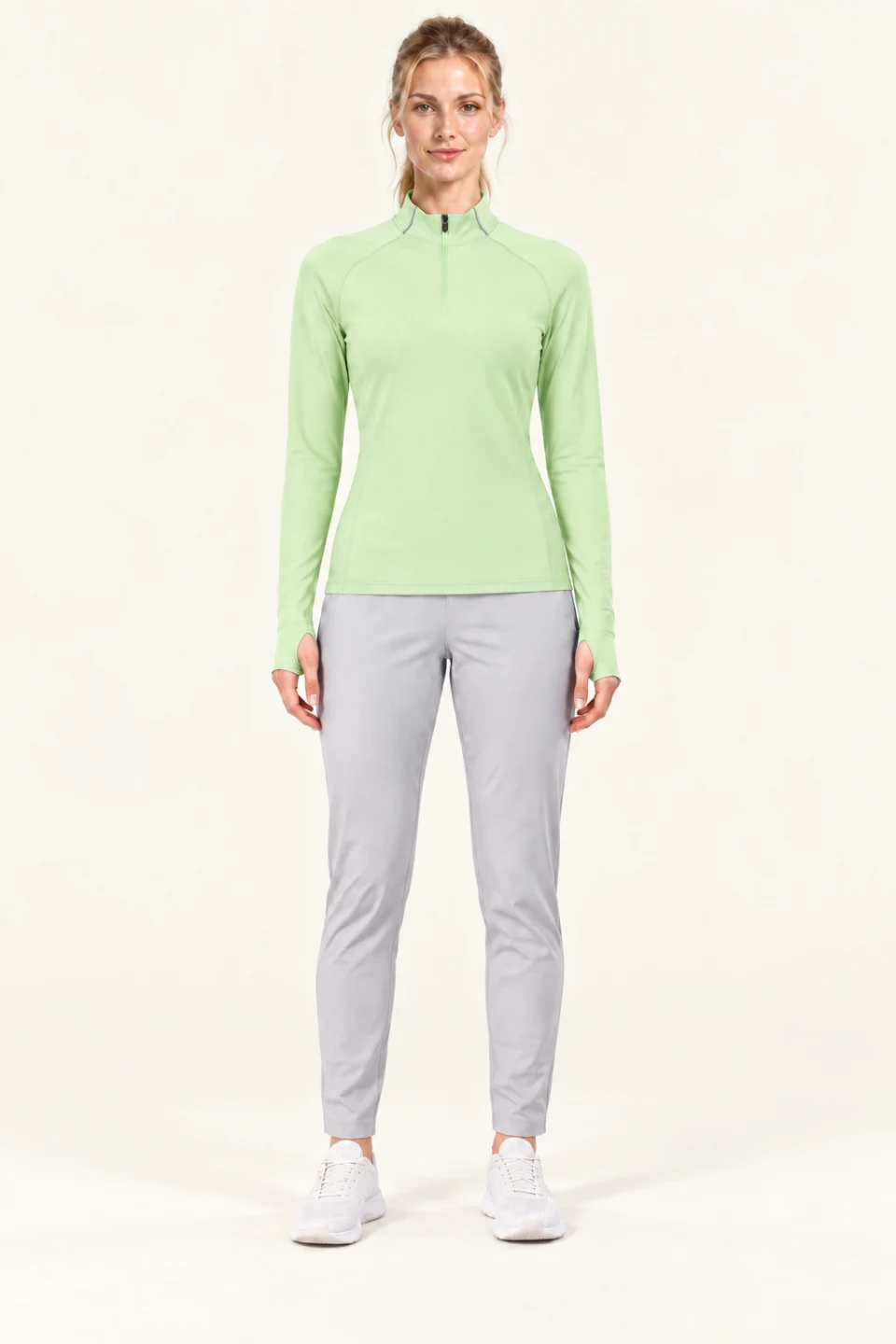 LS-B0113 Quarter-zip thumb-loop training top in Bean Green, front AI styling preview