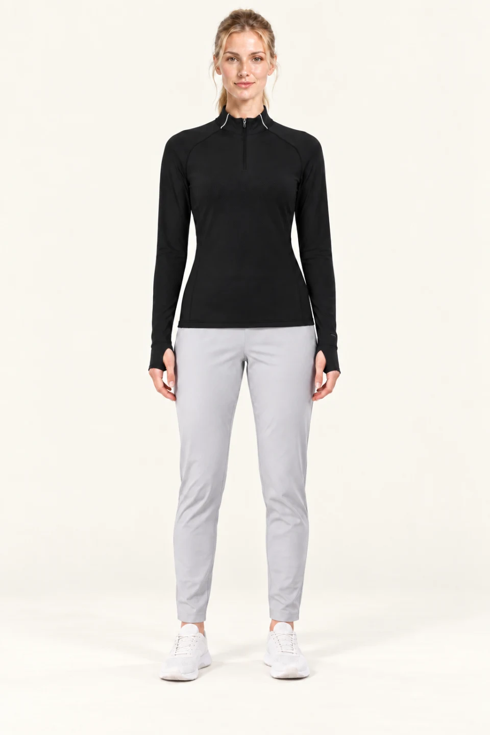 LS-B0113 Quarter-zip thumb-loop training top in Black, front AI styling preview