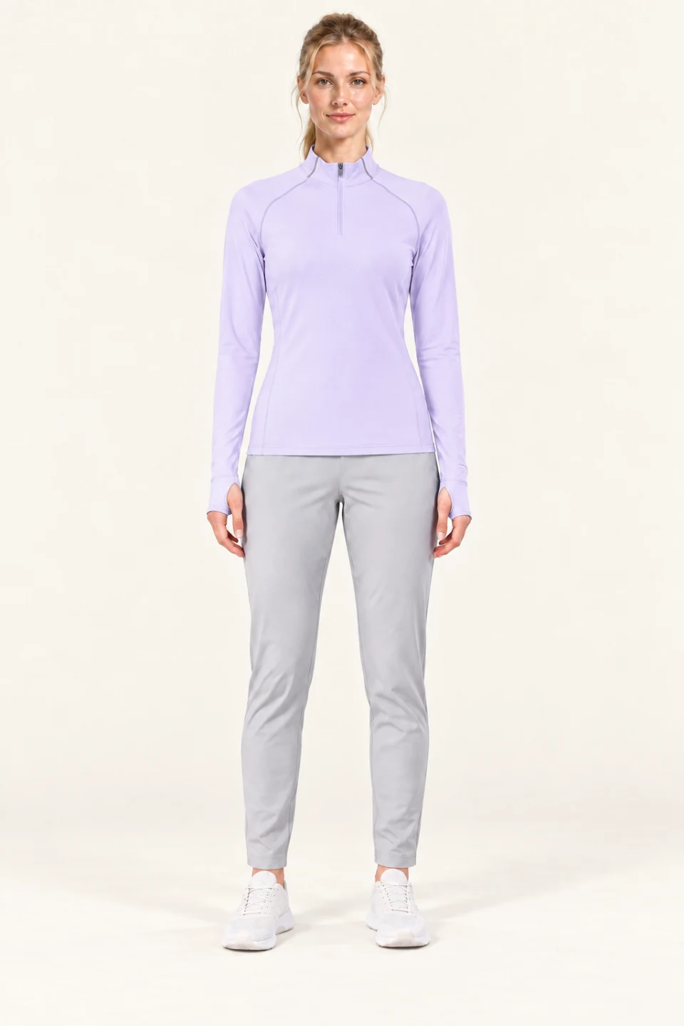 LS-B0113 Quarter-zip thumb-loop training top in Light Purple, front AI styling preview