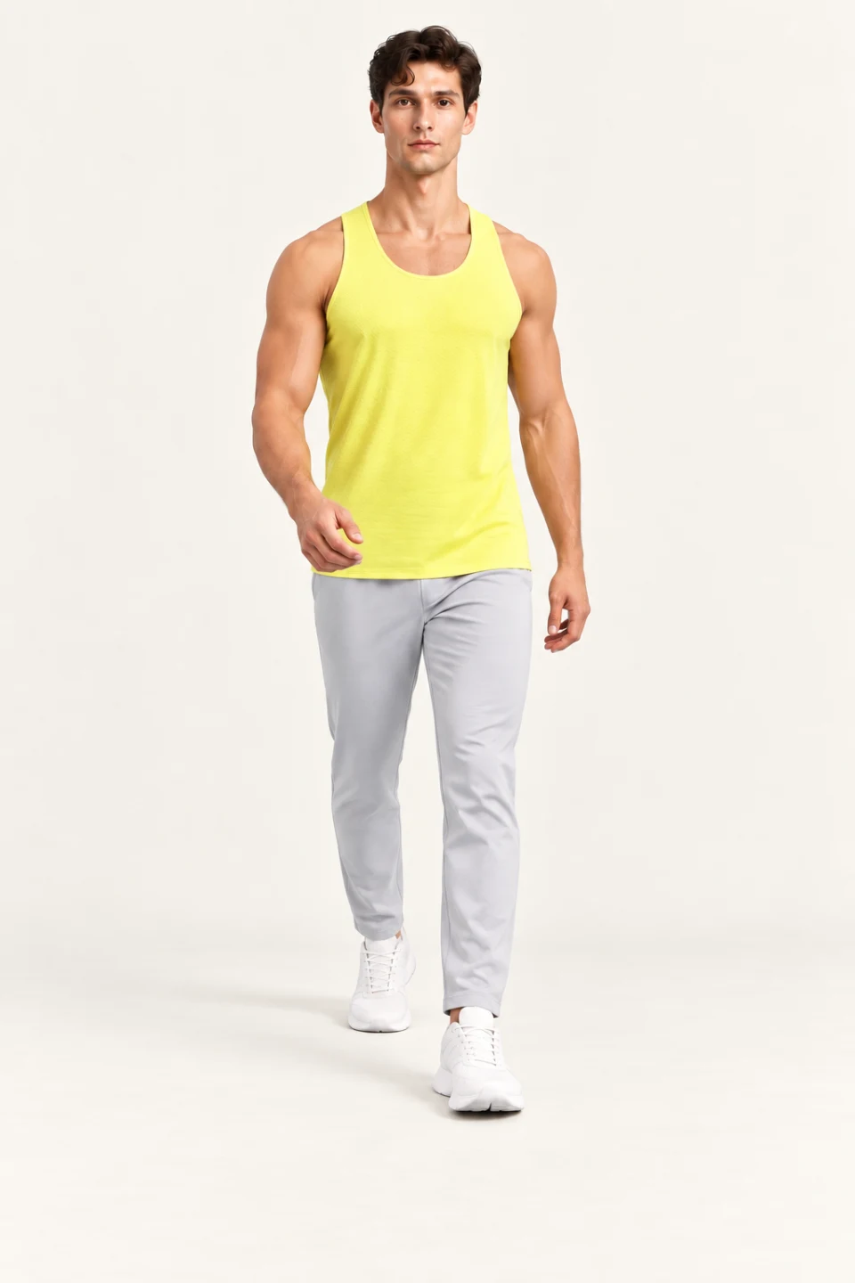 LS-B0139 Yellow Men’s fit motion view — standardized AI styling preview