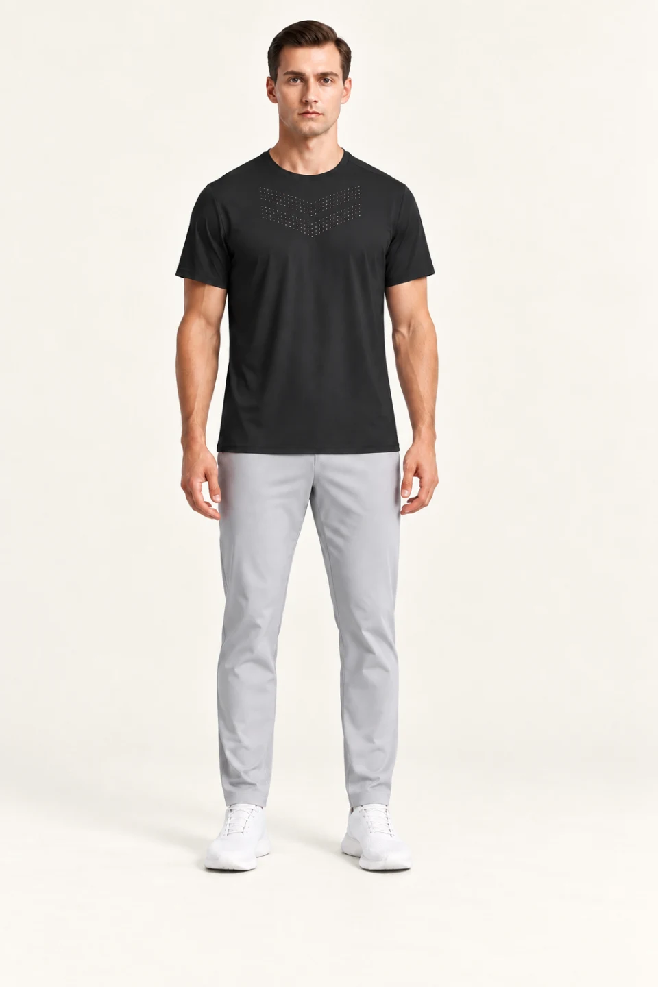 LS-B0145 Chevron-perforated training tee in Black, front AI styling preview