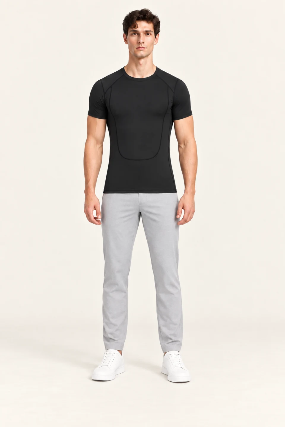 LS-B0150 Black Men’s fit Tee front view — standardized AI styling preview