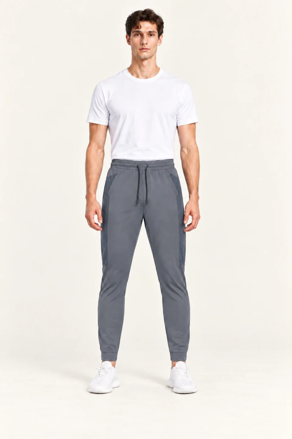 LS-B0158 Mesh-panel rear-pocket training pants in Grey, front AI styling preview