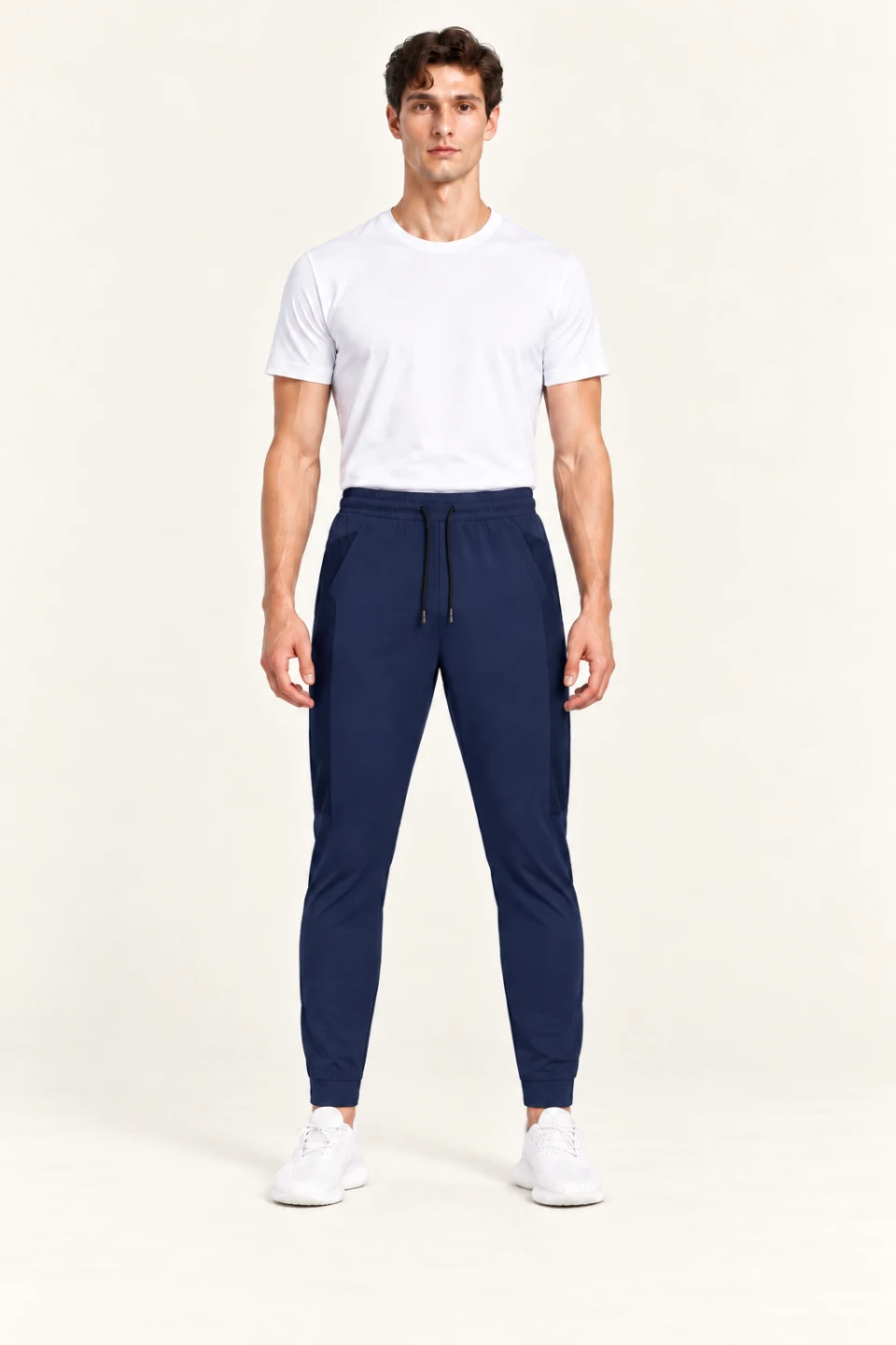 LS-B0158 Mesh-panel rear-pocket training pants in Navy, front AI styling preview