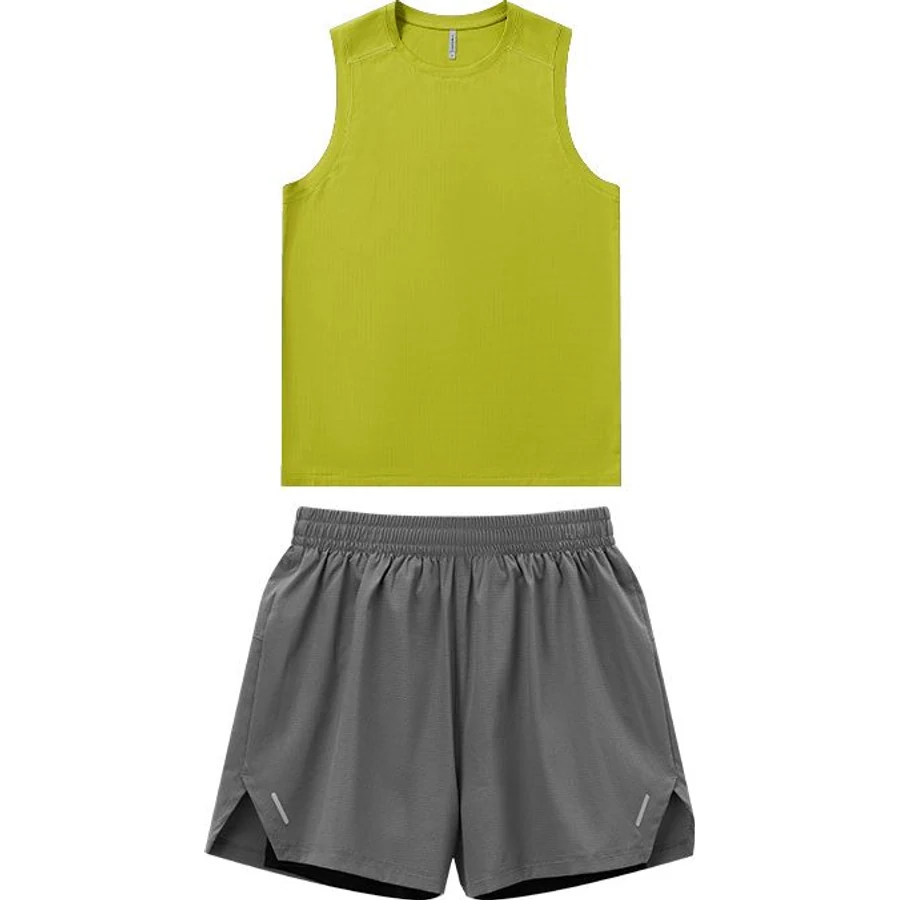 LS-B0244 Running Tank & 2-in-1 Shorts Set in Lime Green + Olive Grey, original product photograph