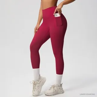 LS-B0322 Brushed Side-Pocket Yoga Leggings in Carmine Red, original product photograph