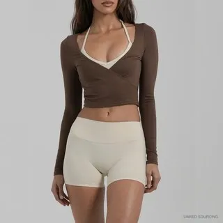 LS-B0327 Brushed Wrap-Front Long-Sleeve Top in Mocha Brown, original product photograph