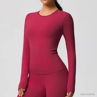 LS-B0328 Brushed Long-Sleeve Yoga Top in Carmine Red, original product photograph