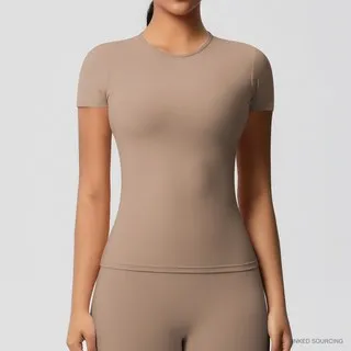 LS-B0330 Brushed Short-Sleeve Yoga Tee in Mocha Brown, original product photograph