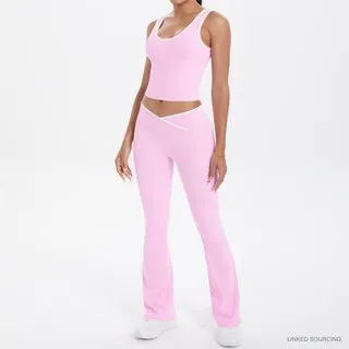 LS-B0332 Brushed Contrast-Trim Tank and Flared Pants Set in Cherry Blossom Pink, original product photograph