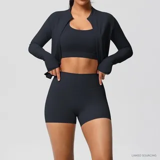LS-B0333 Brushed Bra, Jacket and Shorts Set in Black, original product photograph