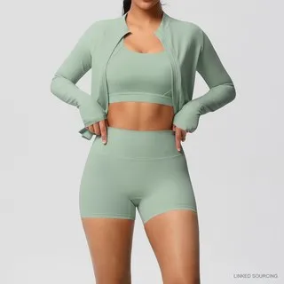 LS-B0333 Brushed Bra, Jacket and Shorts Set in Basil Green, original product photograph
