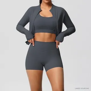 LS-B0333 Brushed Bra, Jacket and Shorts Set in Graphite Grey, original product photograph