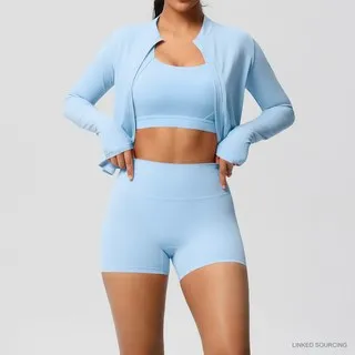 LS-B0333 Brushed Bra, Jacket and Shorts Set in Sky Blue, original product photograph