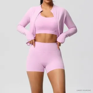 LS-B0333 Brushed Bra, Jacket and Shorts Set in Cherry Blossom Pink, original product photograph
