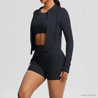 LS-B0334 Brushed Crop Tee, Jacket and Shorts Set in Black, original product photograph