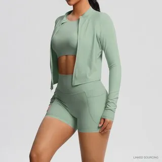 LS-B0334 Brushed Crop Tee, Jacket and Shorts Set in Basil Green, original product photograph