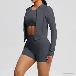 LS-B0334 Brushed Crop Tee, Jacket and Shorts Set in Graphite Grey, original product photograph