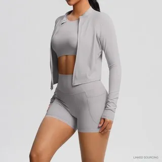 LS-B0334 Brushed Crop Tee, Jacket and Shorts Set in Frost Grey, original product photograph