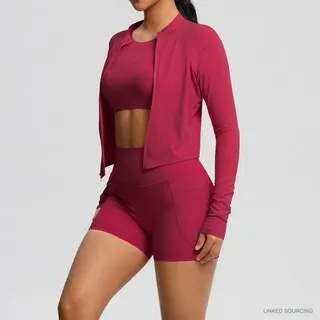 LS-B0334 Brushed Crop Tee, Jacket and Shorts Set in Carmine Red, original product photograph