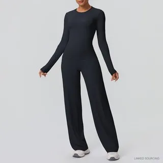LS-B0335 Brushed Long-Sleeve Top and Wide-Leg Pants Set in Black, original product photograph