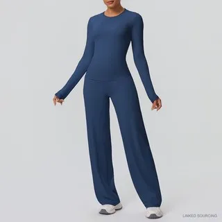 LS-B0335 Brushed Long-Sleeve Top and Wide-Leg Pants Set in Insignia Blue, original product photograph