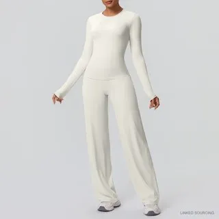 LS-B0335 Brushed Long-Sleeve Top and Wide-Leg Pants Set in Ivory, original product photograph