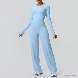 LS-B0335 Brushed Long-Sleeve Top and Wide-Leg Pants Set in Sky Blue, original product photograph