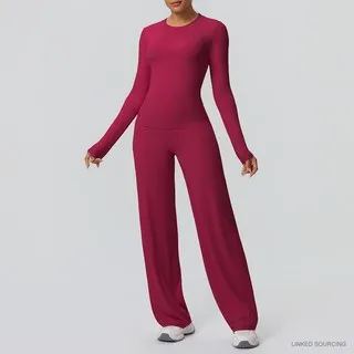 LS-B0335 Brushed Long-Sleeve Top and Wide-Leg Pants Set in Carmine Red, original product photograph