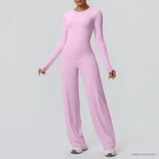LS-B0335 Brushed Long-Sleeve Top and Wide-Leg Pants Set in Cherry Blossom Pink, original product photograph