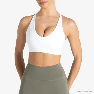 LS-B0338 Brushed V-Neck Cross-Back Sports Bra in White, original product photograph