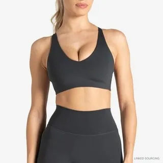 LS-B0338 Brushed V-Neck Cross-Back Sports Bra in Charcoal Grey, original product photograph