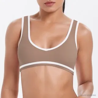 LS-B0340 Brushed Contrast-Trim Sports Bra in Cocoa Brown, original product photograph