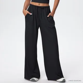 LS-B0342 Brushed Drawstring Wide-Leg Pants in Black, original product photograph