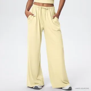 LS-B0342 Brushed Drawstring Wide-Leg Pants in Pale Yellow, original product photograph