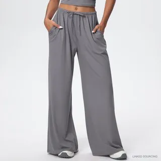 LS-B0342 Brushed Drawstring Wide-Leg Pants in Smoke Grey, original product photograph