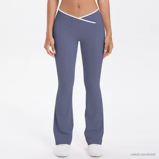 LS-B0343 Brushed Contrast-Waist Flared Pants in Blue Grey, original product photograph