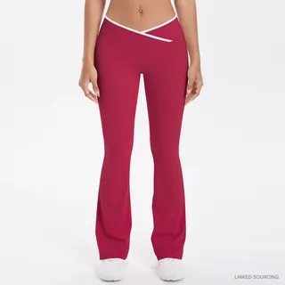 LS-B0343 Brushed Contrast-Waist Flared Pants in Carmine Red, original product photograph