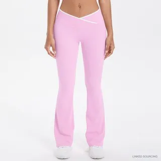 LS-B0343 Brushed Contrast-Waist Flared Pants in Cherry Blossom Pink, original product photograph