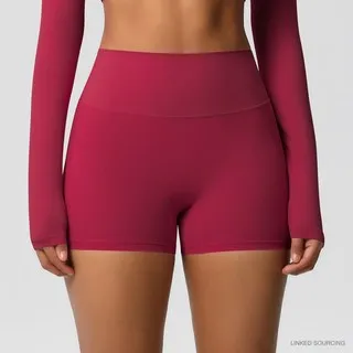 LS-B0349 Brushed High-Waist Yoga Shorts in Carmine Red, original product photograph